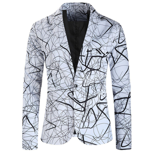 Men's White Abstract Line Print Blazer - Modern Art-Inspired Suit Jacket - Blazers | White / M