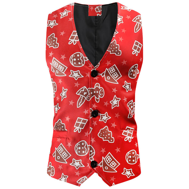 Men's Stylish Christmas Print Vest #MJ51 - Vests | Burgundy / M