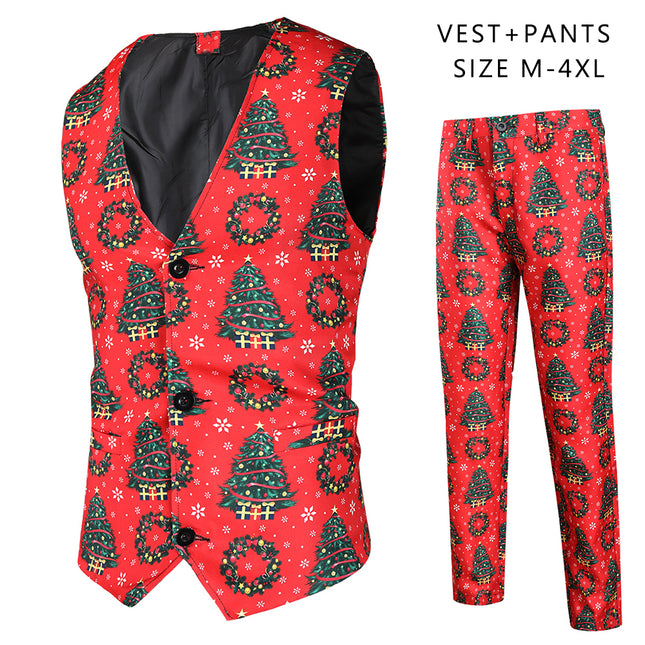 Men's Christmas Print Vest Suit #2TZMK35 - Suits | Red / M