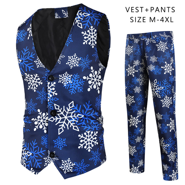 Men's Snowflake Print Vest Suit #2TZMK36 - Suits | Blue / M
