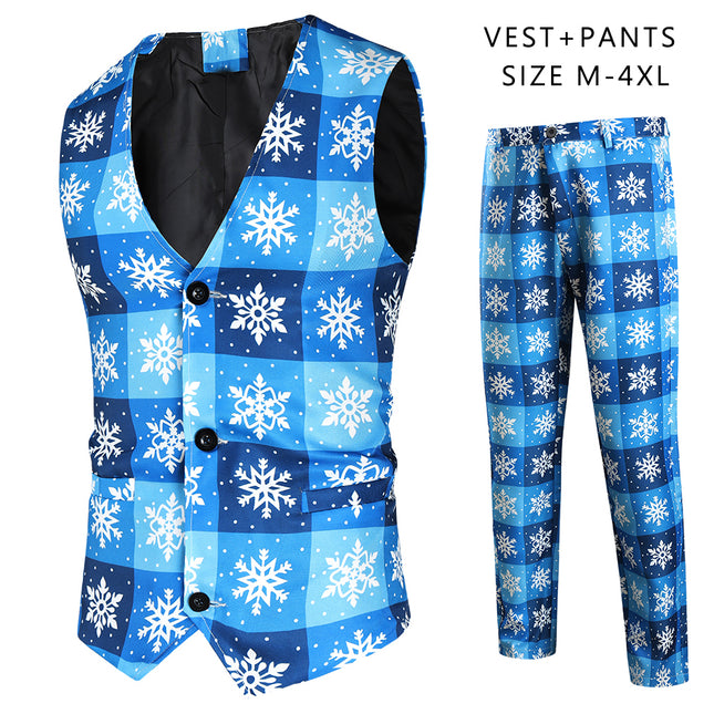 Men's Snowflake Plaid Vest Suit #2TZMK42 - Suits | Blue / M