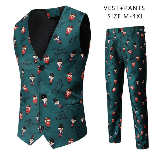 Men's Printed Vest Suit #2TZMK44 - Suits | Olive Green / M
