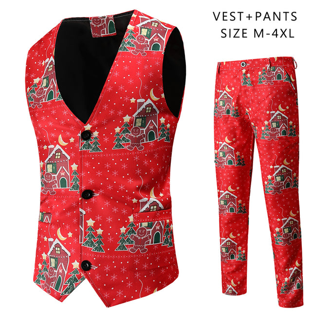 Men's Christmas Printed Vest Suit #2TZMK48 - Suits | Red / M