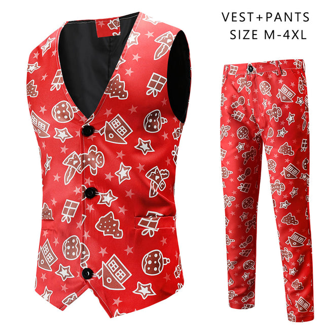 Men's Fashion Printed Vest Suit #2TZMK51 - Suits | Burgundy / M