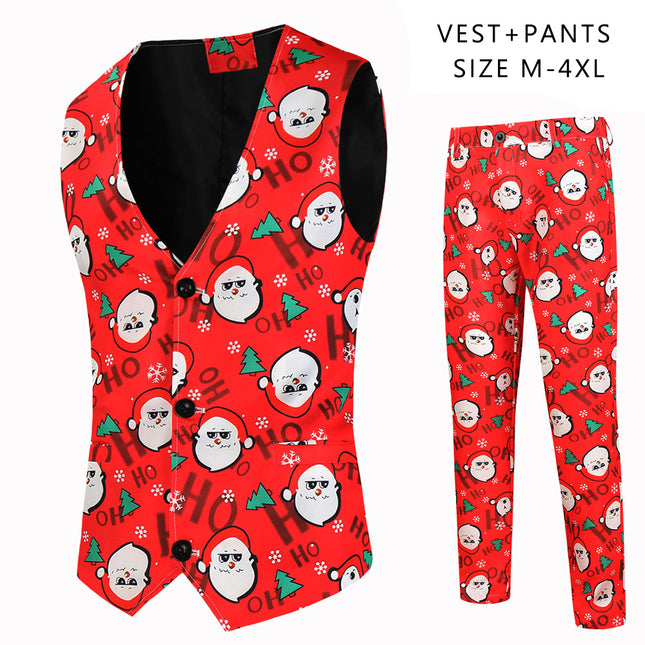 Men's Christmas Printed Vest Suit #2TZMK621 - Suits | Red / M