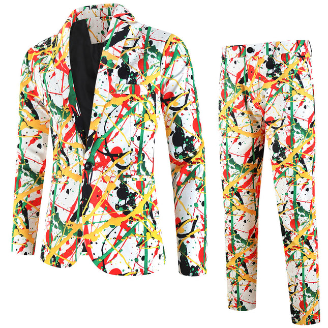 Men's Graffiti Paint Splash Suit Set | Bold Artistic Party Blazer & Pants - Suits | White / M