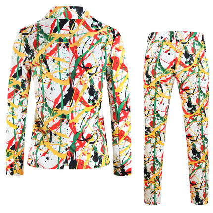 Men's Graffiti Paint Splash Suit Set | Bold Artistic Party Blazer & Pants - Suits | White / M