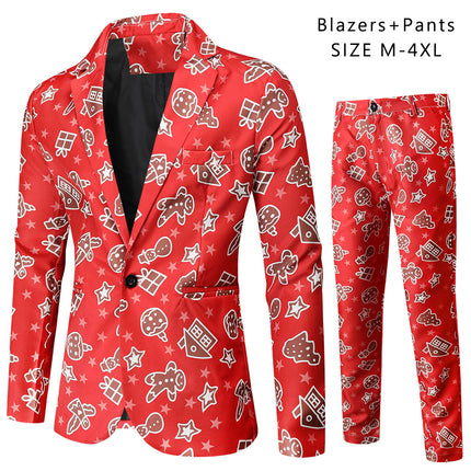 Men's Stylish Christmas Print Suit #2TZ51 - Suits | Burgundy / M