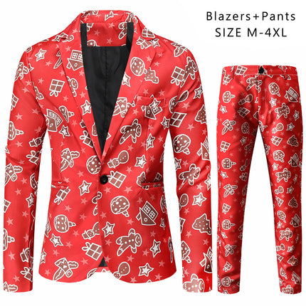 Men's Stylish Christmas Print Suit #2TZ51 - Suits | Burgundy / M