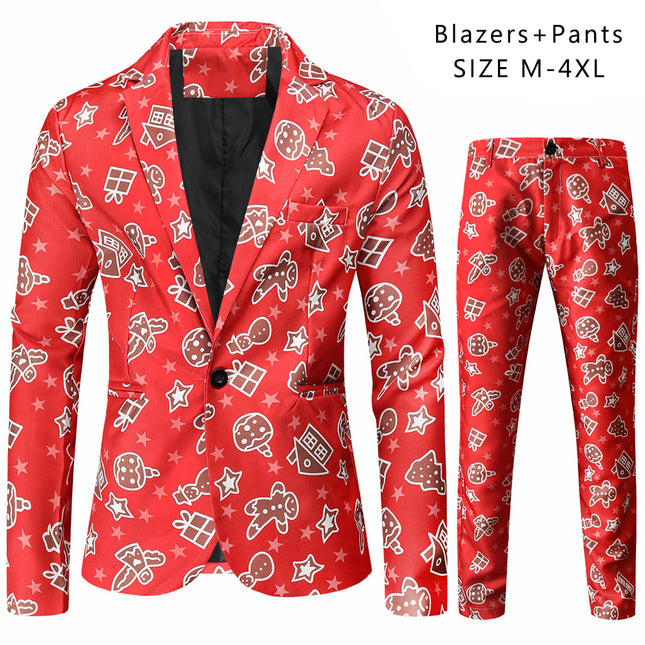 Men's Stylish Christmas Print Suit #2TZ51 - Suits | Burgundy / M
