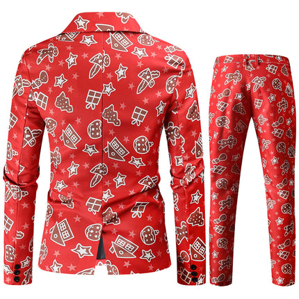 Men's Stylish Christmas Print Suit #2TZ51 - Suits | Burgundy / M