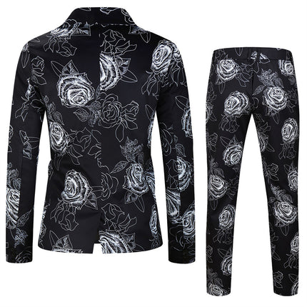 Men's Black & White Rose Print Suit Set - Floral Slim Fit Blazer and Pants - Suits | Multicolor / M