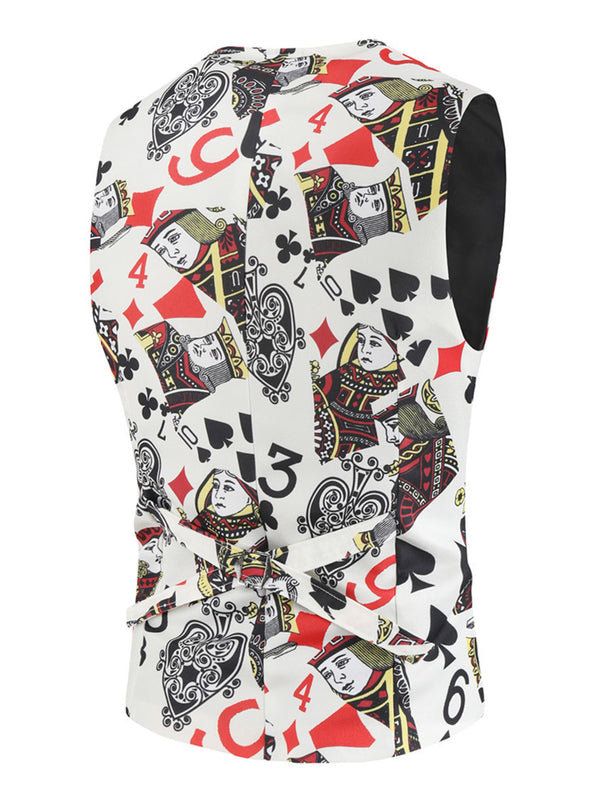 Men's Poker Print Vest Suit