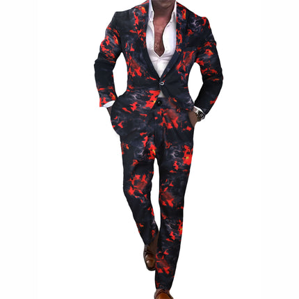 Men's Flame Print Suit Set - Red & Black Camouflage Blazer and Pants - Suits | Multicolour / M