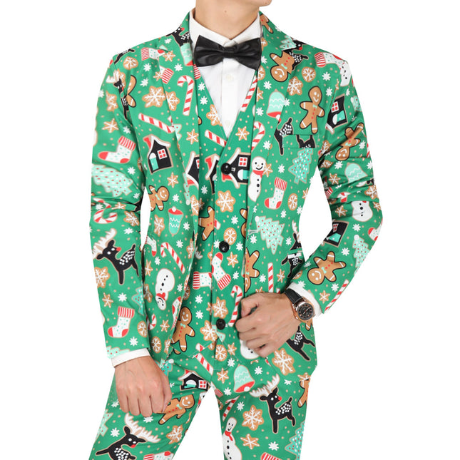 Christmas Party Suit for Men – Funny Holiday Costume with Gingerbread, Snowman & Candy Cane Print