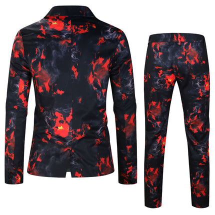 Men's Flame Print Suit Set - Red & Black Camouflage Blazer and Pants - Suits | Multicolour / M