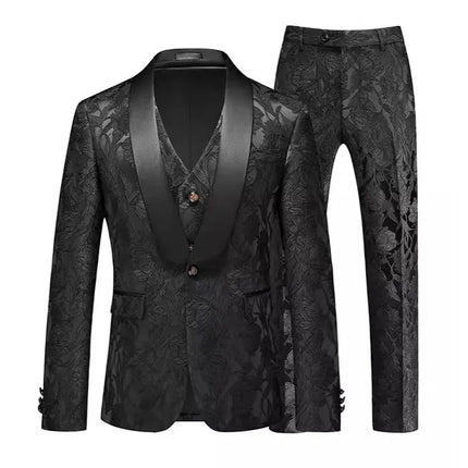 Men's Floral Texture 3-Piece Suit #S8523-3 - Suits | Black / XS