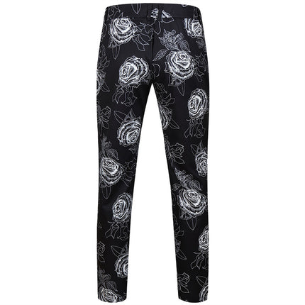 Men's Black & White Rose Print Suit Set - Floral Slim Fit Blazer and Pants - Suits | Multicolor / M