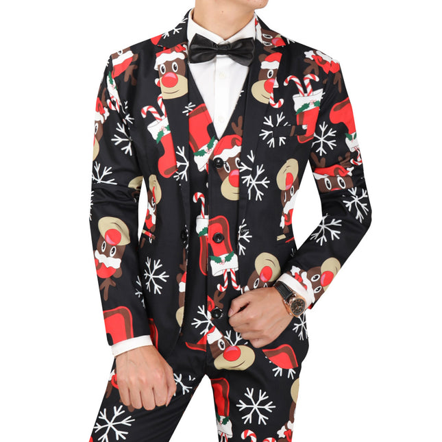 Men’s Funny Christmas Suit – Black Reindeer & Snowflake Holiday Outfit