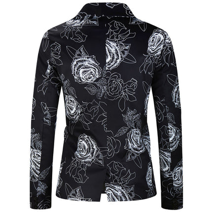 Men's Black & White Rose Print Suit Set - Floral Slim Fit Blazer and Pants - Suits | Multicolor / M