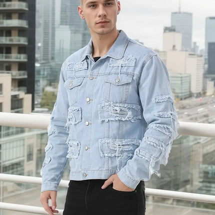 Men's Ripped Denim Jacket #25061243 - | Light Blue / S