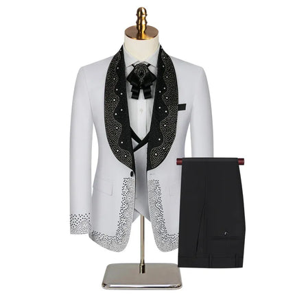 Men's 3 Piece Stylish Dotted Suit #S8284 - Suits | White / XS