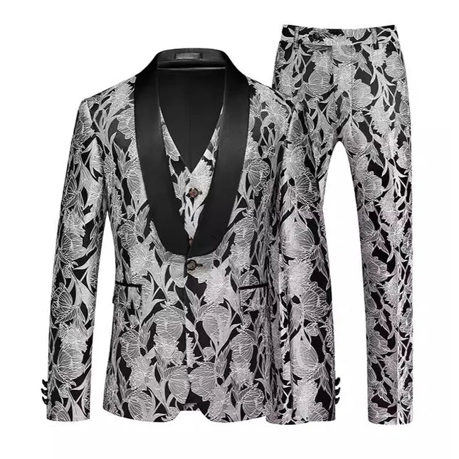Men's Floral Texture 3-Piece Suit #S8523-3 - Suits | Gray / XS