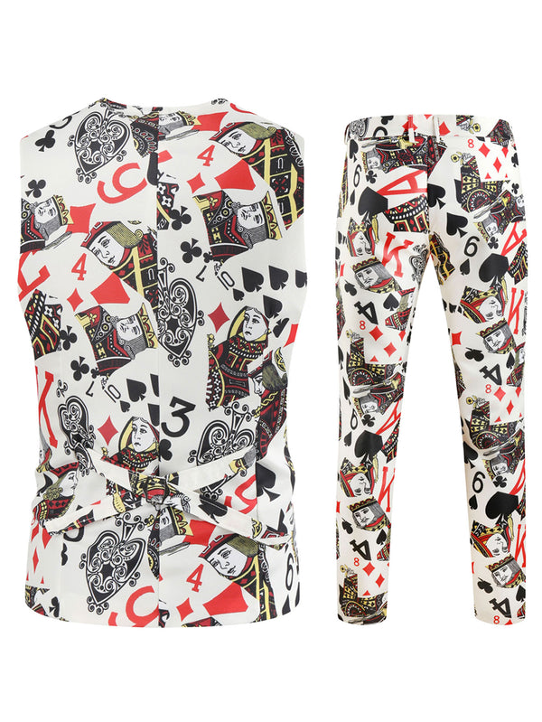 Men's Poker Print Vest Suit