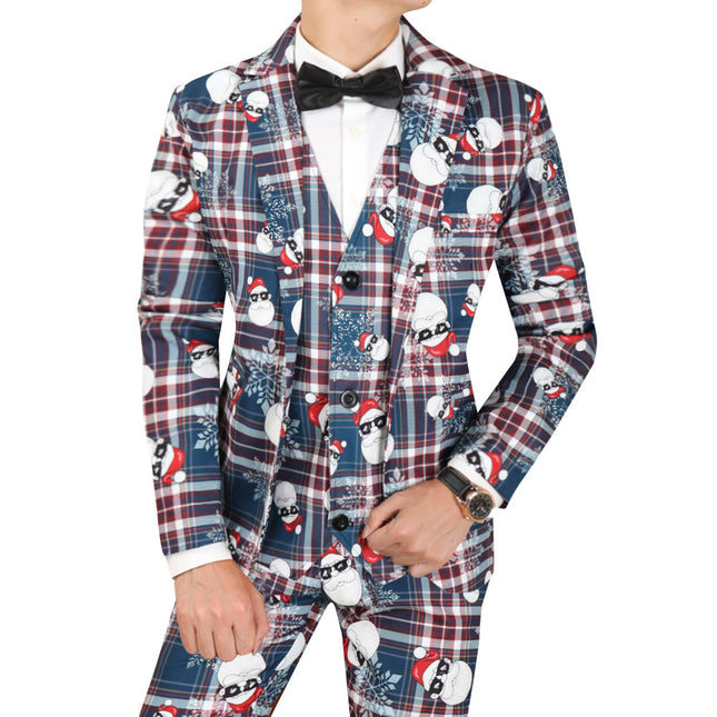 Christmas Party Suit for Men – Funny Santa Claus Print with Plaid Design