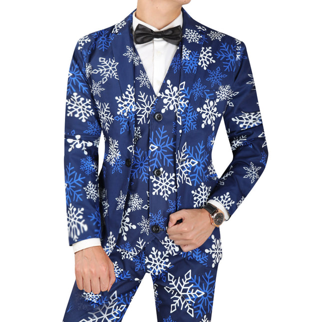 Snowflake Christmas Party Suit for Men – Festive Blue and White Snowflake Print