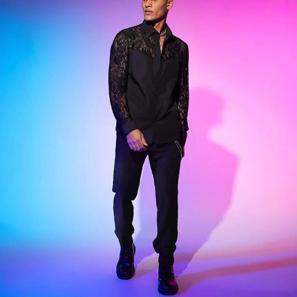 Men's Lace Patchwork Shirt #25630032 - | Black / S