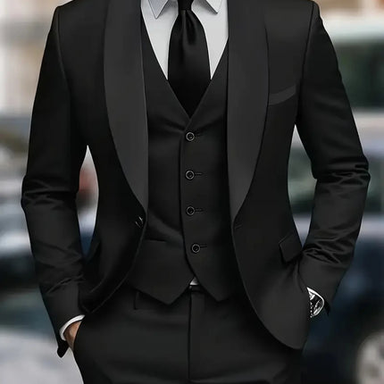 Men's Three Piece Suit Wedding Groom Formal Wear - | Black / XS