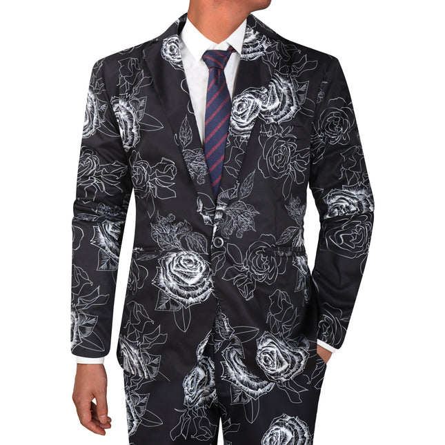 Men's Black & White Rose Print Suit Set - Floral Slim Fit Blazer and Pants - Suits | Multicolor / M