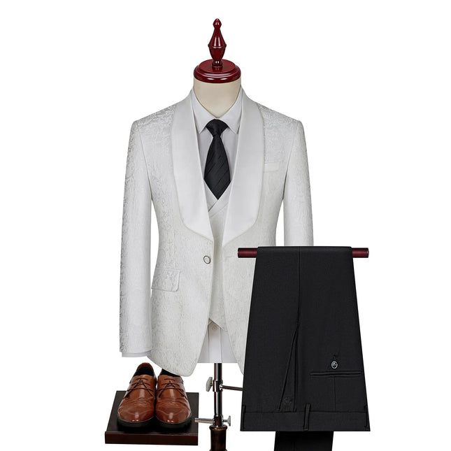 Men's 3 Piece Luxurious Jacquard Suit #S8586 - Suits | White / XS