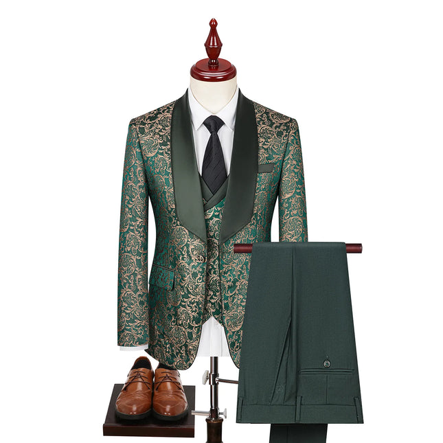 Men's 3 Piece Luxurious Jacquard Suit #S8586 - Suits | Green / XS