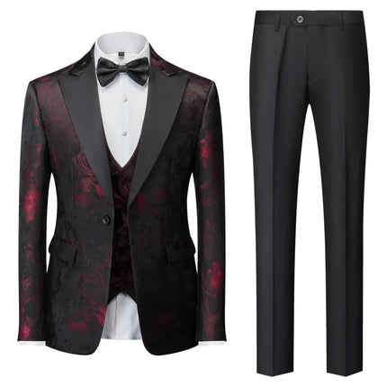 Men's Floral Texture 3-Piece Suit #S8539 - Suits | Red / XS
