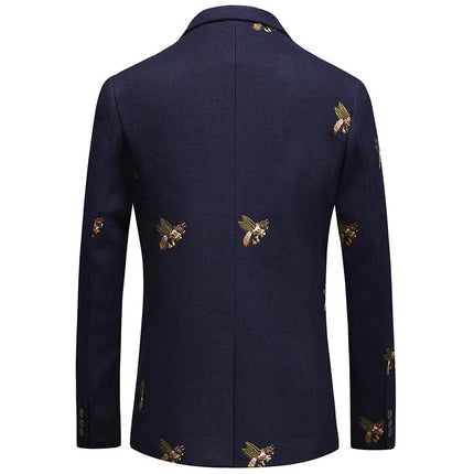 Men's Honeybee Embroidery Velvet Blazer #S8162 - Blazers | Navy Blue / XS