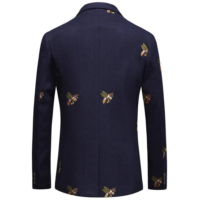 Men's Honeybee Embroidery Velvet Blazer #S8162 - Blazers | Navy Blue / XS