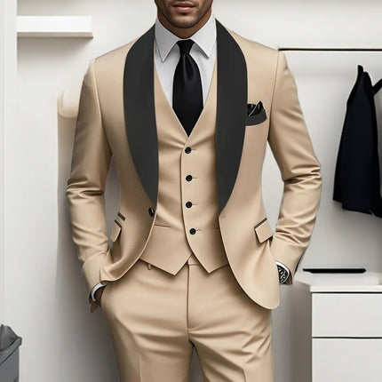 Men's Three Piece Suit Wedding Groom Formal Wear - | Beige / XS