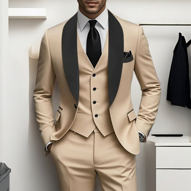 Men's Three Piece Suit Wedding Groom Formal Wear - | Beige / XS
