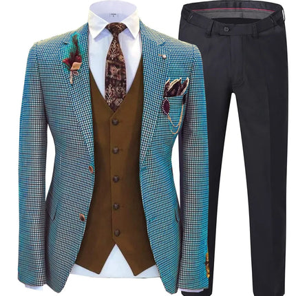 Men's 3 Piece Checked Suit #S8612 - Suits | Blue / XS