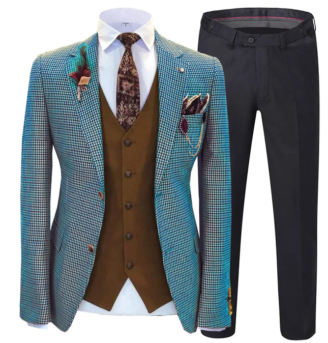 Men's 3 Piece Checked Suit #S8612 - Suits | Blue / XS