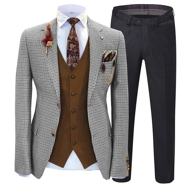 Men's 3 Piece Checked Suit #S8612 - Suits | Silver / XS
