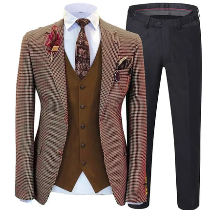 Men's 3 Piece Checked Suit #S8612 - Suits | Brown / XS