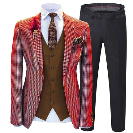 Men's 3 Piece Checked Suit #S8612 - Suits | Red / XS