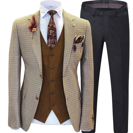 Men's 3 Piece Checked Suit #S8612 - Suits | Beige / XS