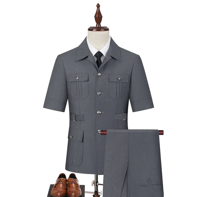 Men's Grey Multi-pocket Short-sleeved Suit  #S8639