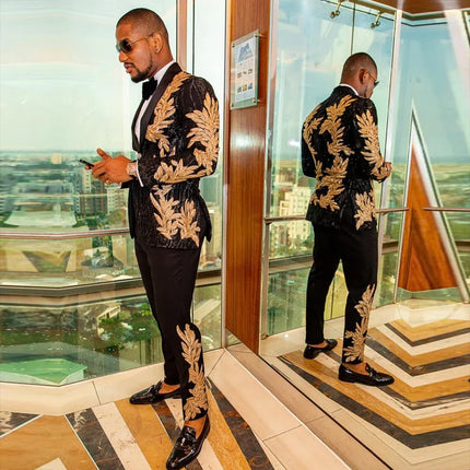 Men's Sequin Golden Leaves Embroidery Suit #S8167 - Suits | Golden / XS