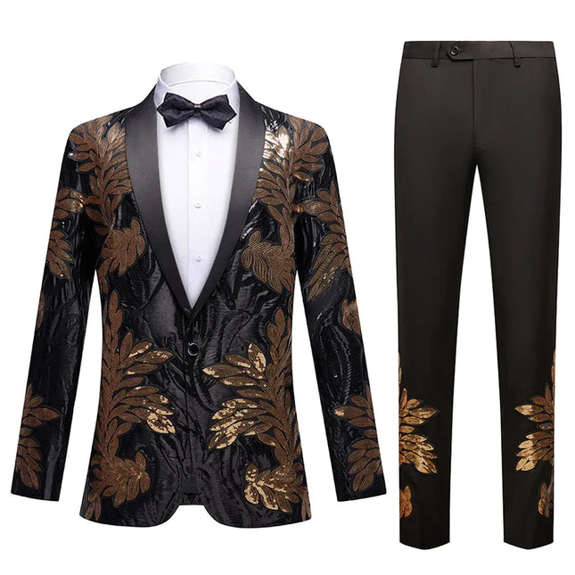 Men's Sequin Golden Leaves Embroidery Suit #S8167 - Suits | Golden / XS