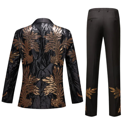 Men's Sequin Golden Leaves Embroidery Suit #S8167 - Suits | Golden / XS